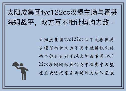 太阳成集团tyc122cc汉堡主场与霍芬海姆战平，双方互不相让势均力敌 - 副本